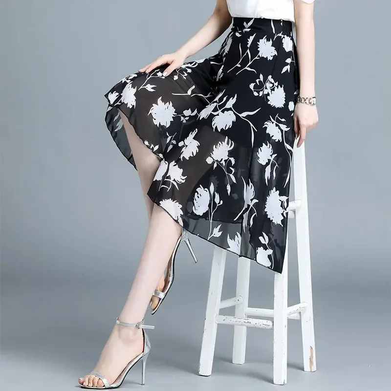 Summer New Chiffon Floral Knee Length Pants Thin High Waist Printing Loose Pants Casual Fashion Women Clothing