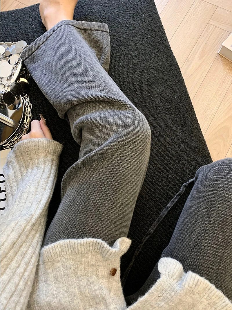 

Вязаные широкие брюки с высокой талией, свободные, повседневные, утепленные, осенне-зимние, на шнурке, женские длинные брюки в стиле Lazy Sle