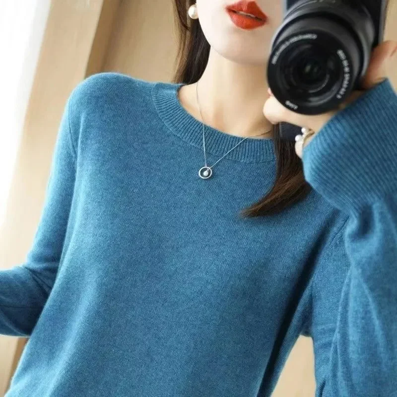 Aliselect Fashion 100% Merino Wool Women Sweater O-Neck Long Sleeve Basic Jumper Spring Autumn Winter Clothing Knitwear Tops