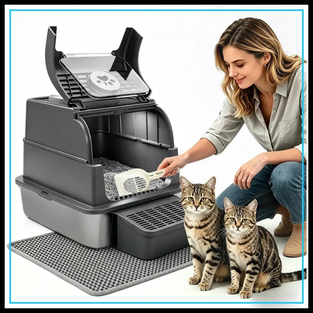 XXL Stainless Steel Cat Litter Box with Flip-Top Lid, High Sides, Anti-Tracking Mat, Foldable for Multiple Cats