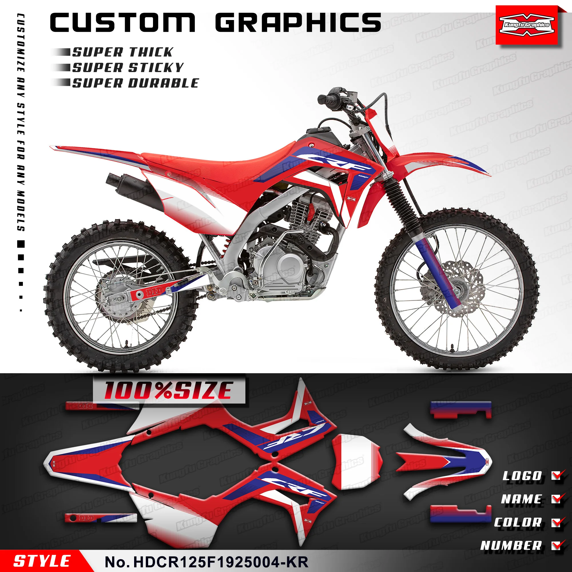 

Набор наклеек KUNGFU GRAPHICS Custom для Honda CRF 125F CRF125F 2019 2020 2021 2022 2023 2024, HDCR125F1925004-KR