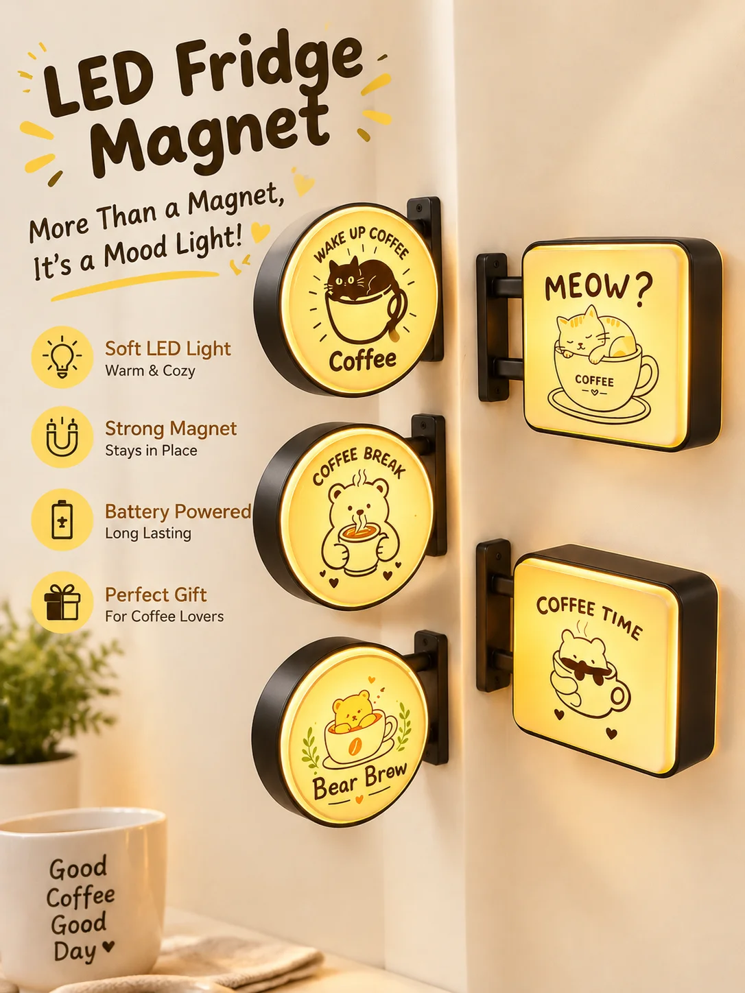 Mini Magnetic Light Box Sign, Light Up Refrigerator Magnet Cat Coffee, Decorative Night Light Suitable for Coffee Machine