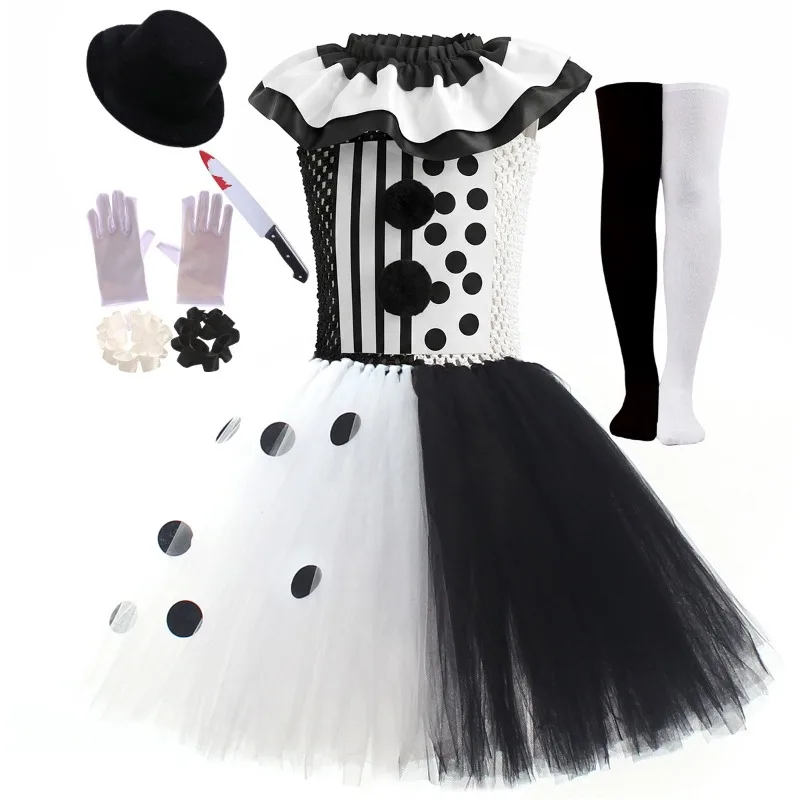 Schwarz-weißer Clown-Tutu-Rock für Mädchen, Halloween-Party-Outfit, flauschiger Mesh-Halbrock für Kinderkarneval, Kinder-Ballkostüm