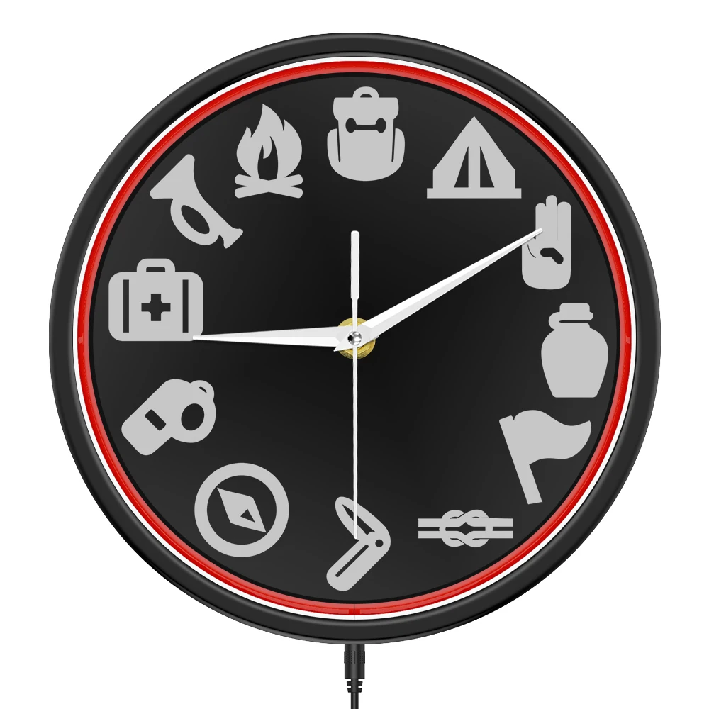 

Camping Scouting Luminous Wall Clock for Junior Kids Room Wall Decoration Scout Campfire LED Lighting Neon Sign Light Wall Clock