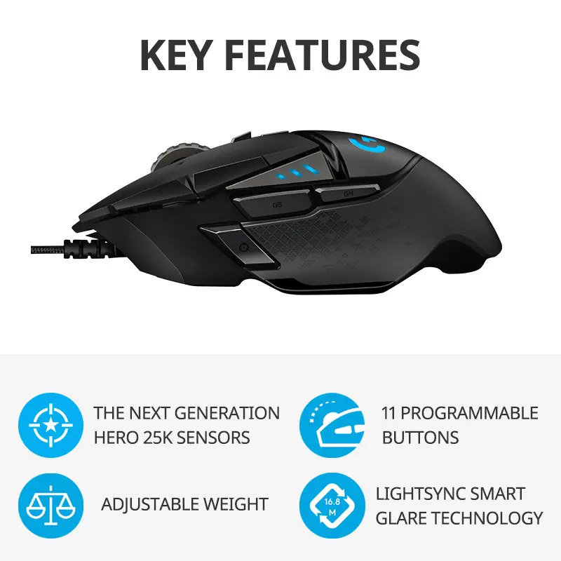 ماوس الألعاب السلكي Logitech G502 HERO أداء عالي، مستشعر HERO 25K، 25,600 DPI، RGB، أوزان قابلة للتعديل، 11 زر قابل للبرمجة - 3