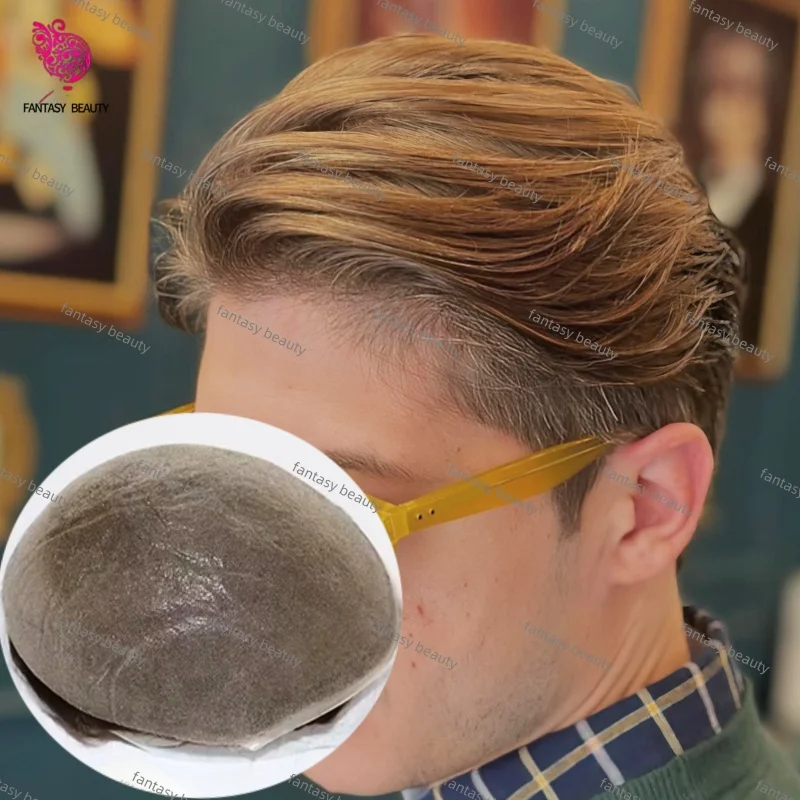 

Платиновый, коричневый, блондин, невидимая основа из искусственной кожи, мужской парик, супертонкий, 0,02 мм, черный, серый, 1B10 1B65, мужские парики с системой капиллярного протеза