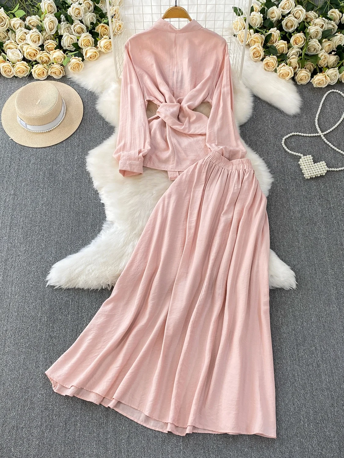 

Women's Pink Long Sve Sun Protection irt Slimming Waist High Waist Skirt Two Piece Set Faionable Summer Outfit