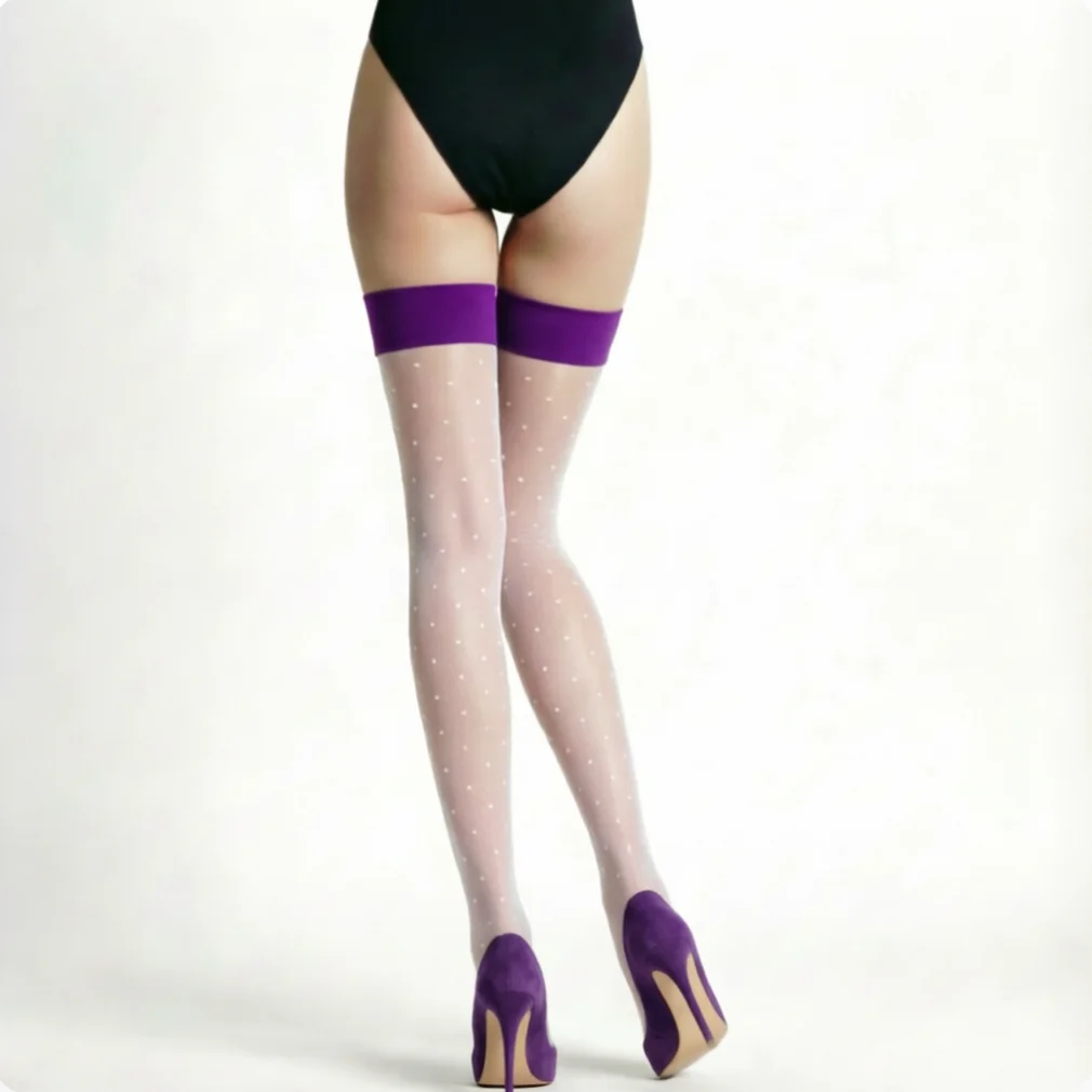 Retro White Small Dot Stockings with Purple Red Green Black Elastic Band Color Blocked Stockings Transparent Silky Classy Socks