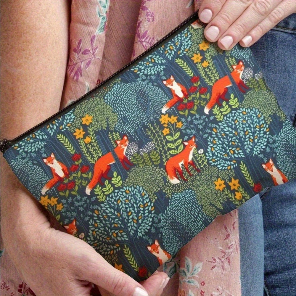 Charming Fox in Forest Pattern Makeup Bag Polyester Bag- Boho Style Storage, Pencil Case Foldable Travel Pouch with Zipper Pouch