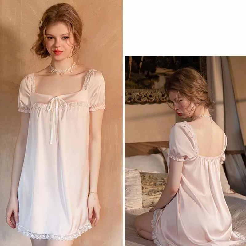 

Pink Mesh Spaghetti Strap Women Princess Dress Vintage Lace Homewear Fairy Hanfu Nightgown Sweet Bow Sleepshirt