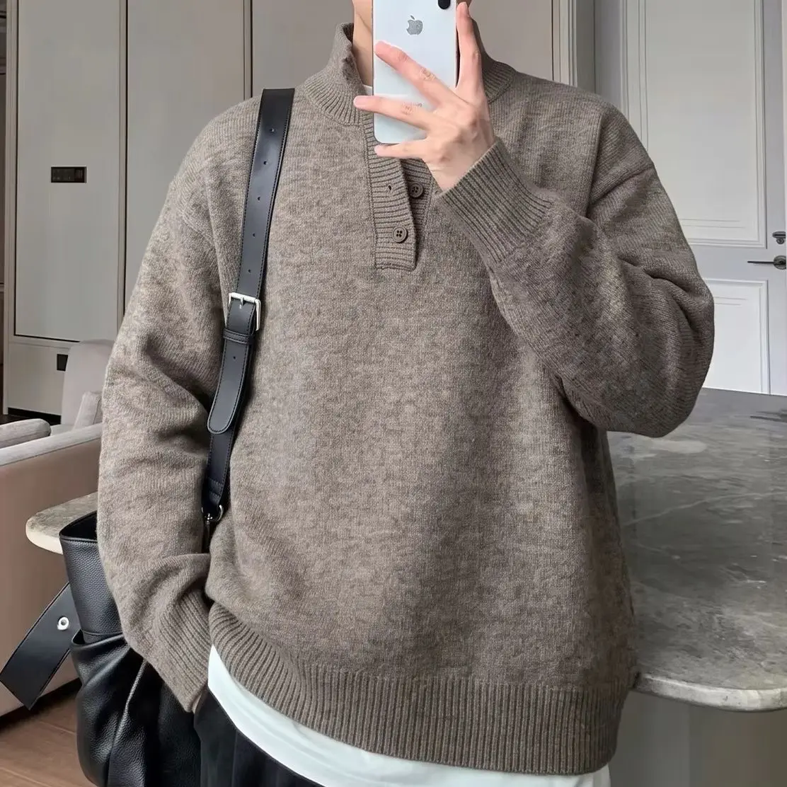 Men's Autumn Winter Oversized Warm Soft Versatile Durable High-Neck Button-Down Sweatshirt Simple Relaxed-Fit Pullover Top.