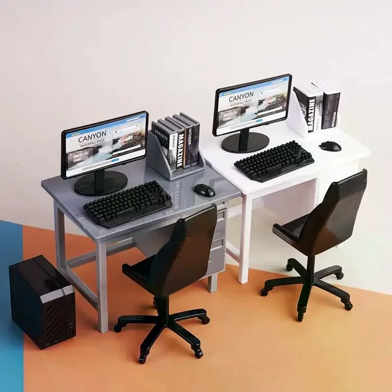 1 Set 1/12 Dollhouse Miniature Computer Keyboard Desk Chair Kit Home Study Room Furniture Decor Micro Scene Props