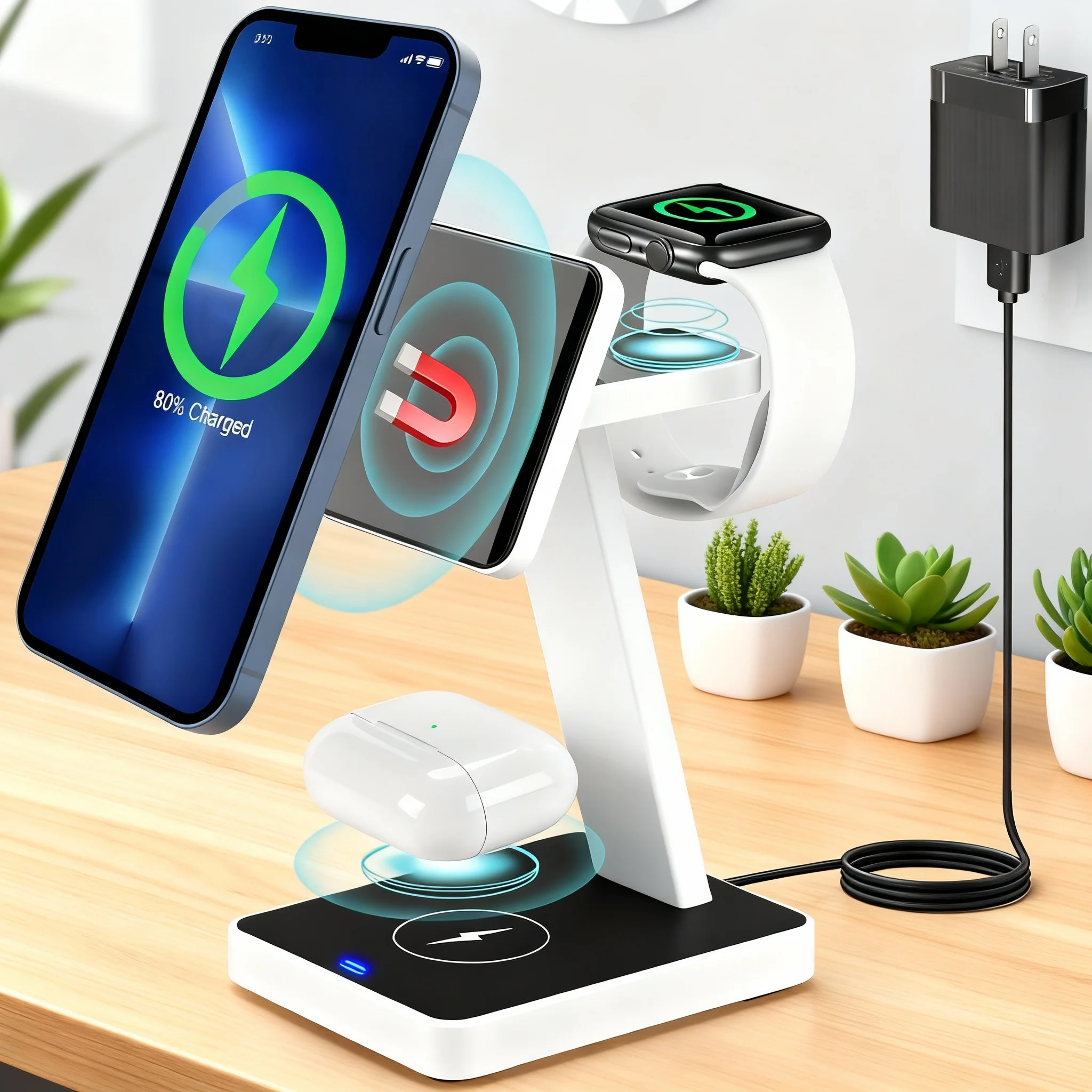 

Беспроводная зарядная станция 3-в-1, изготовлена из материала алюминиевого сплава, с подставкой для быстрой беспроводной зарядки мощностью 15 Вт, подходит для iPhone 15, 14, 13, 12, Pro, Pro Max, Mini, iWatch, AirPods (включая адаптеру 20 Вт QC 3.0)
