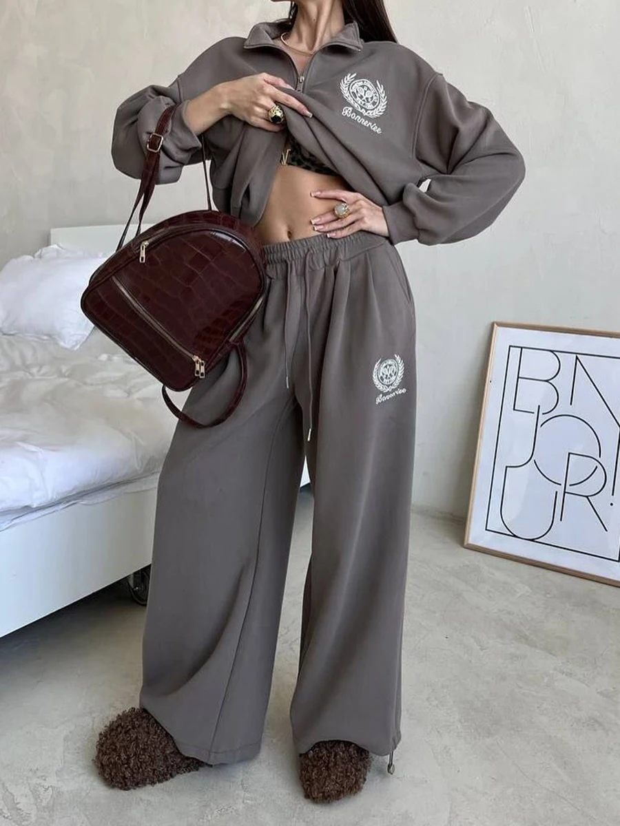 

Letter Embroidery Drawstring Sweatpant Sets Women Autumn Long Sleeve Zipper Sweatshirts+Sweatpant Streetwear Vintage 2 Piece Set