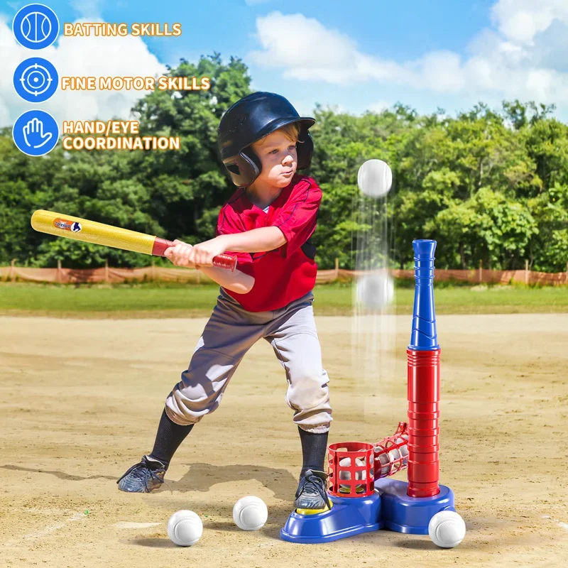 2 in 1 Tee Ball Set toy for Baseball Tee, including 10 balls、Step on Pitching Machine、Batting Tee． Outdoor toys for aged 3-8