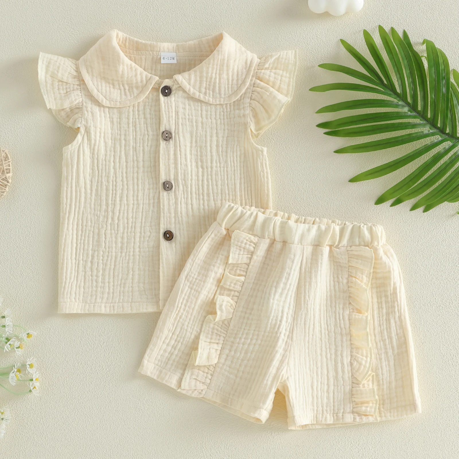 

Летние комплекты одежды для новорожденных девочек, хлопковые и льняные футболки с оборками и короткими рукавами на пуговицах + шорты с эластичной резинкой на талии, повседневные спортивные костюмы