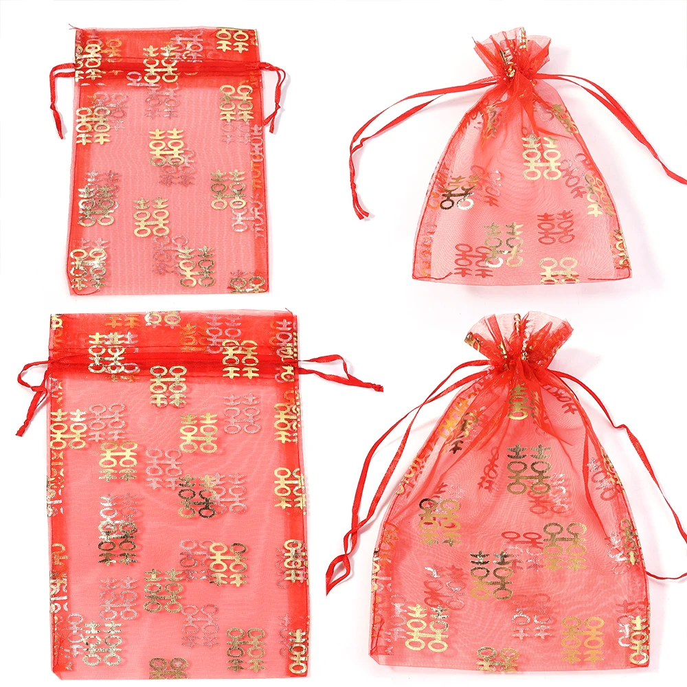 

5/10pcs 13x18cm 16x23cm Hot Printing Organza Gift Bag Drawstring Pouches For Wedding Christmas Party Candy Packing