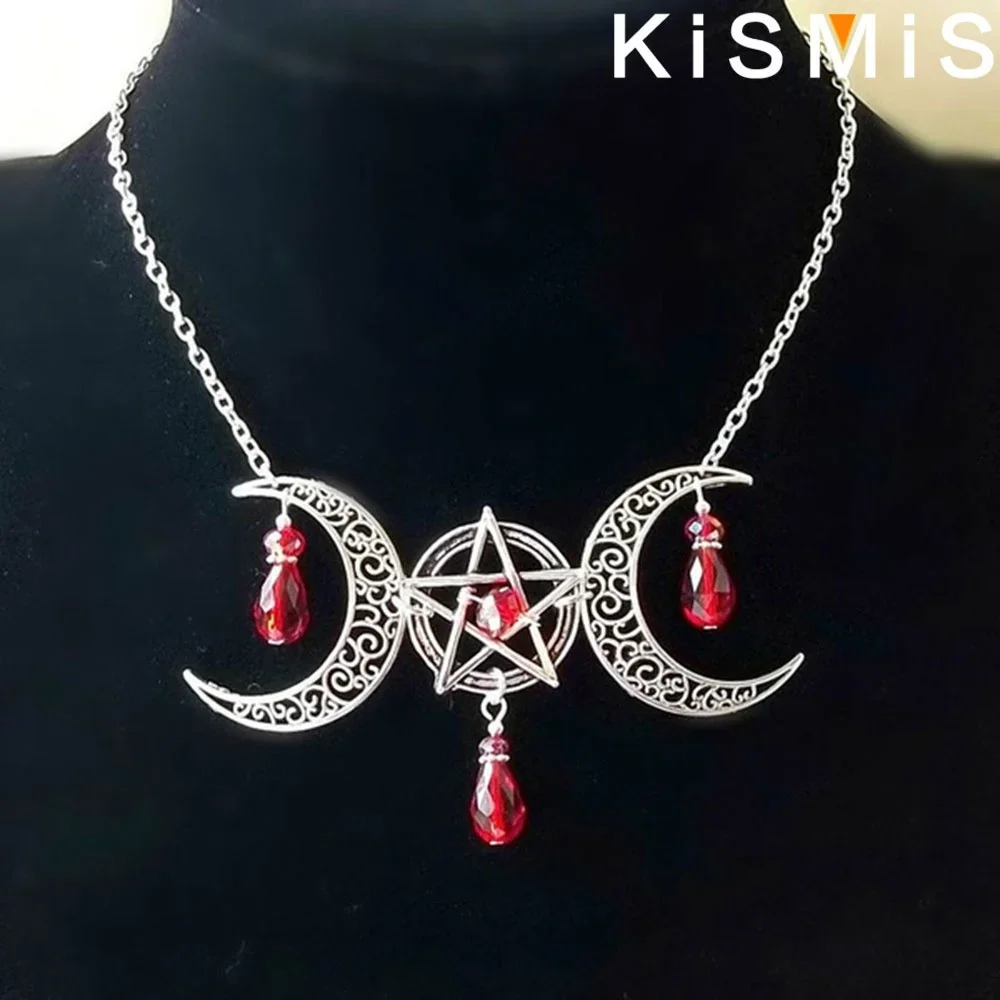March Pentagram Water Drop Gemstone Pendant Necklace Gothic Halloween Decoration Crystal Necklace for Women Jewelry Accessories