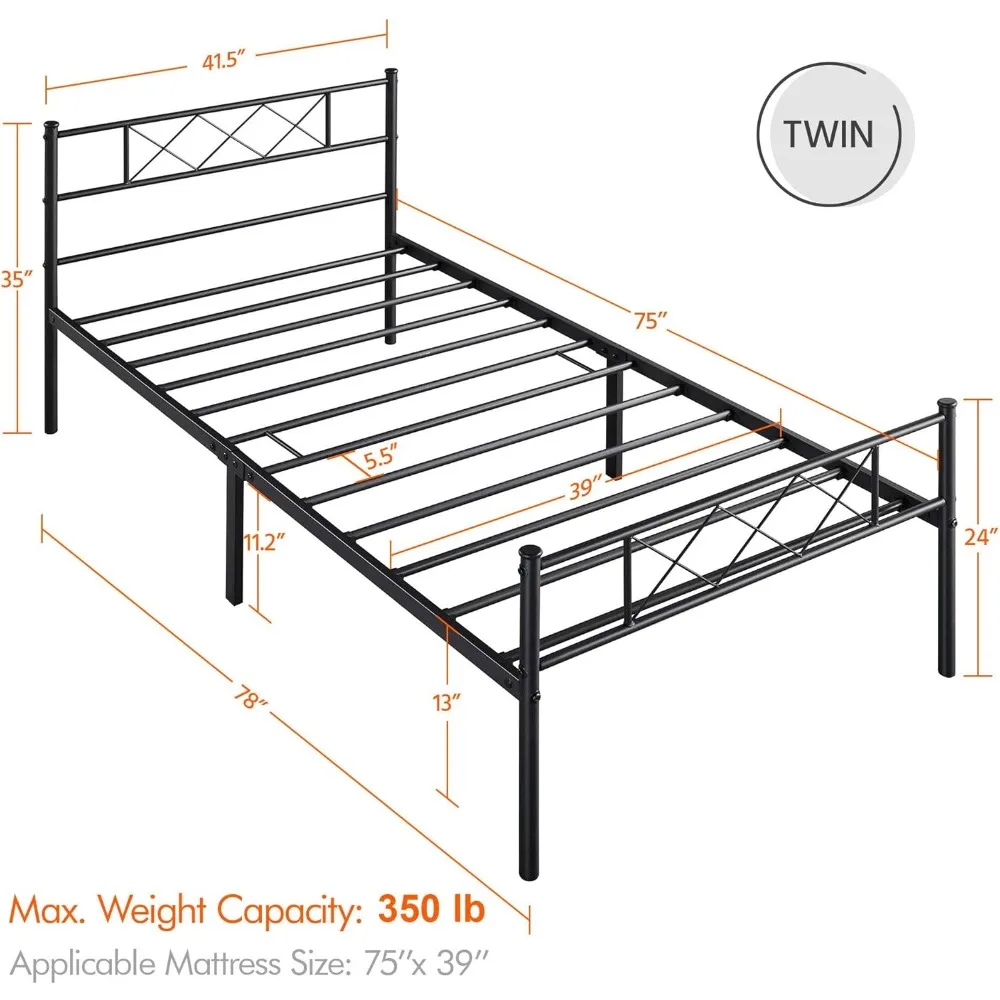 Twin Metal Platform Bed Frame Mattress Foundation No Box Spring Needed Under Bed Storage Steel Slats