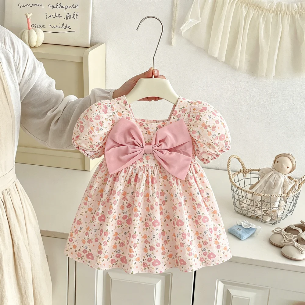 

Baby Dress Summer Floral Bow Bubble Sleeve Girls' Dress Cute Beach Princess Children's Dress Baby Girl Clothing
