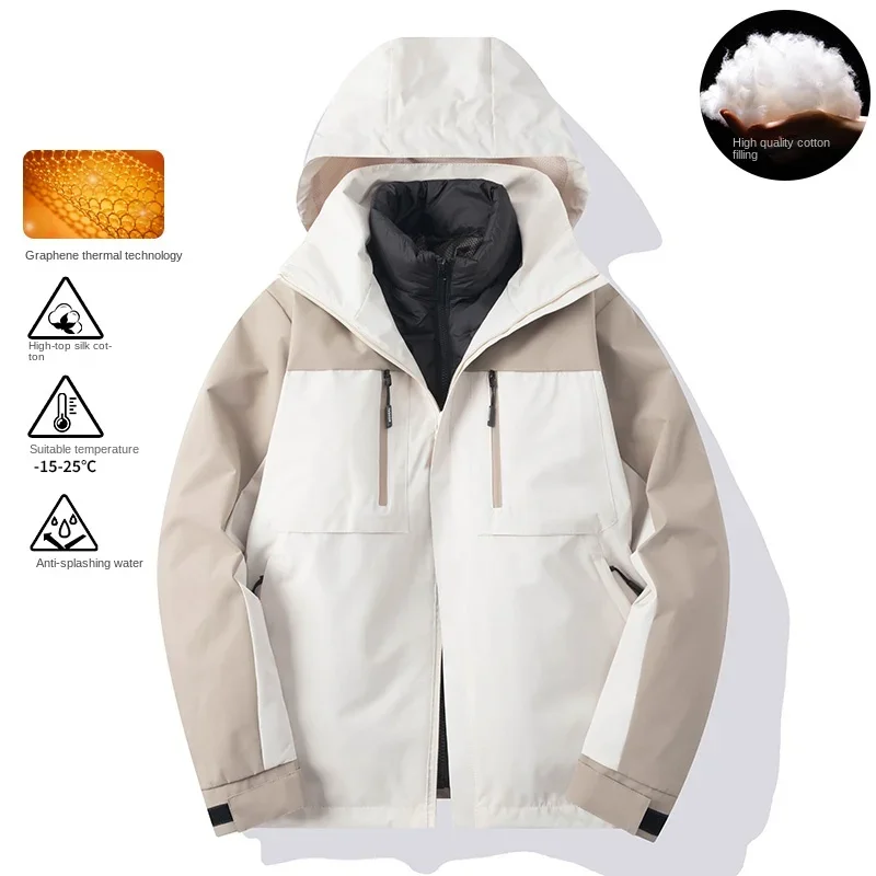 Veste de Charge 3 et 1 de haute qualité, doublée d'isolation en graphène, manteau chaud et détachable, coupe-vent à capuche pour Couple en plein air, 2024