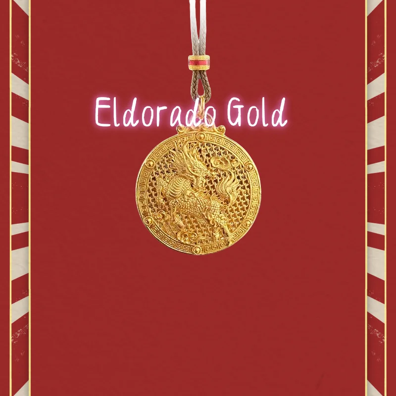 9999 real glod Ancient-style gold hollowed-out filigmatic Fire Qilin compass pendant, sand gold diy compass necklace for men and