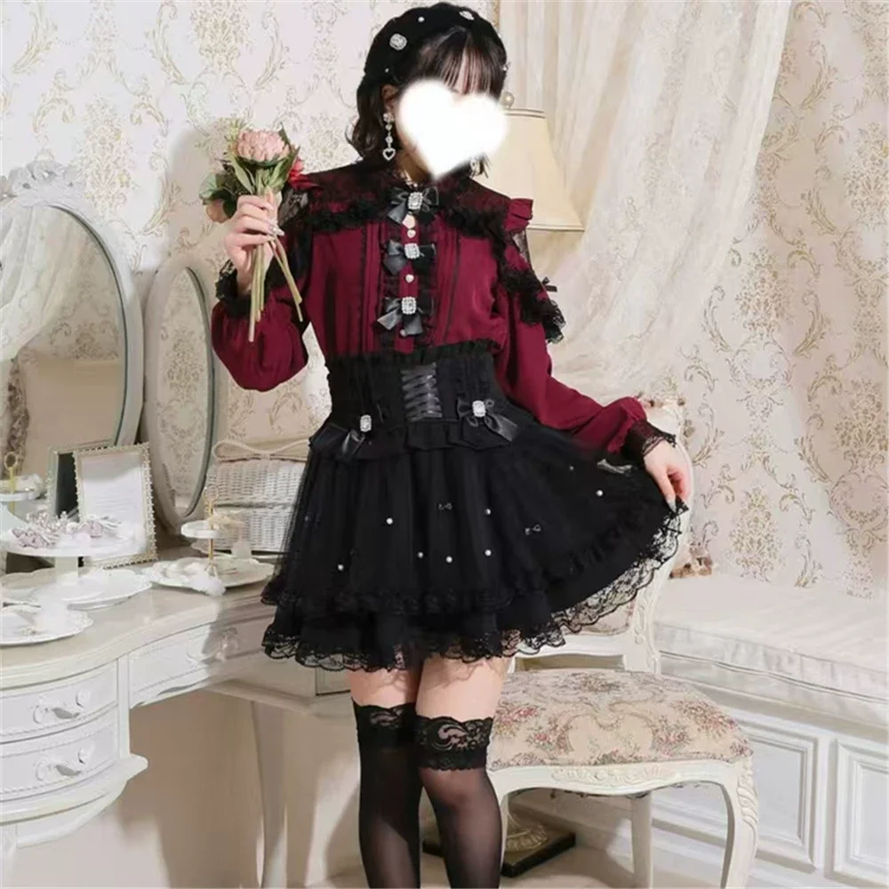 Japanese Style Mine Sweet Cute Bow Beaded Lolita Skirt Women's Loose Slim Burgundy Short-sleeved Shirt Top Mujer Spring Autumn