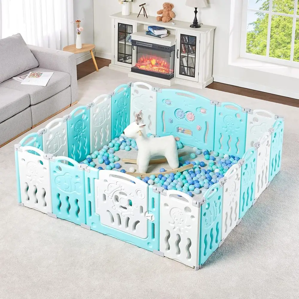 14-Panel Baby Play Yard with Safety Lock - Adjustable Kids Playpen for Indoor/Outdoor Use (Blue & White)