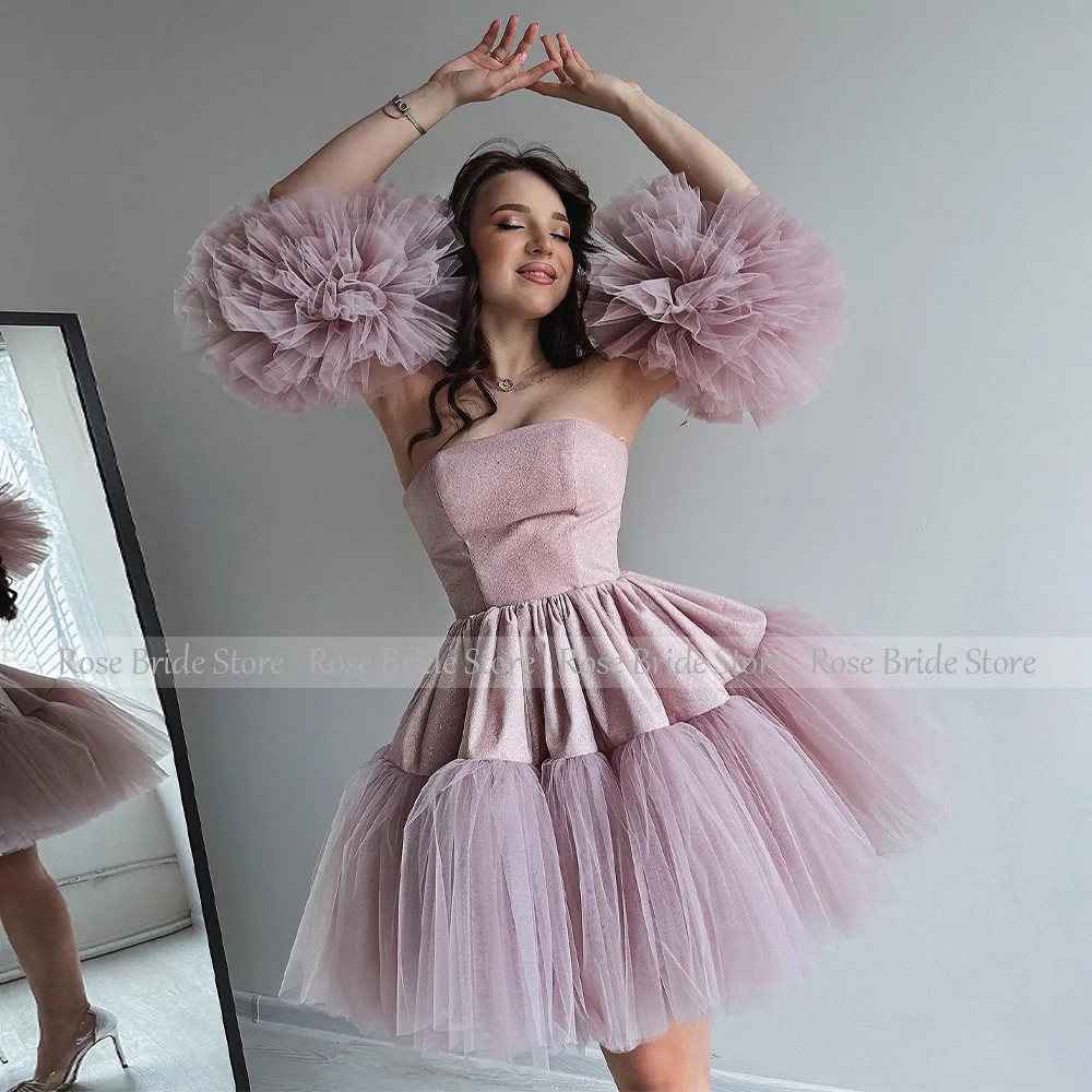 Vestidos curtos de baile para jovens, vestidos sem alças Lavender, graduação Ruffle mangas, luxo Homecoming Midi