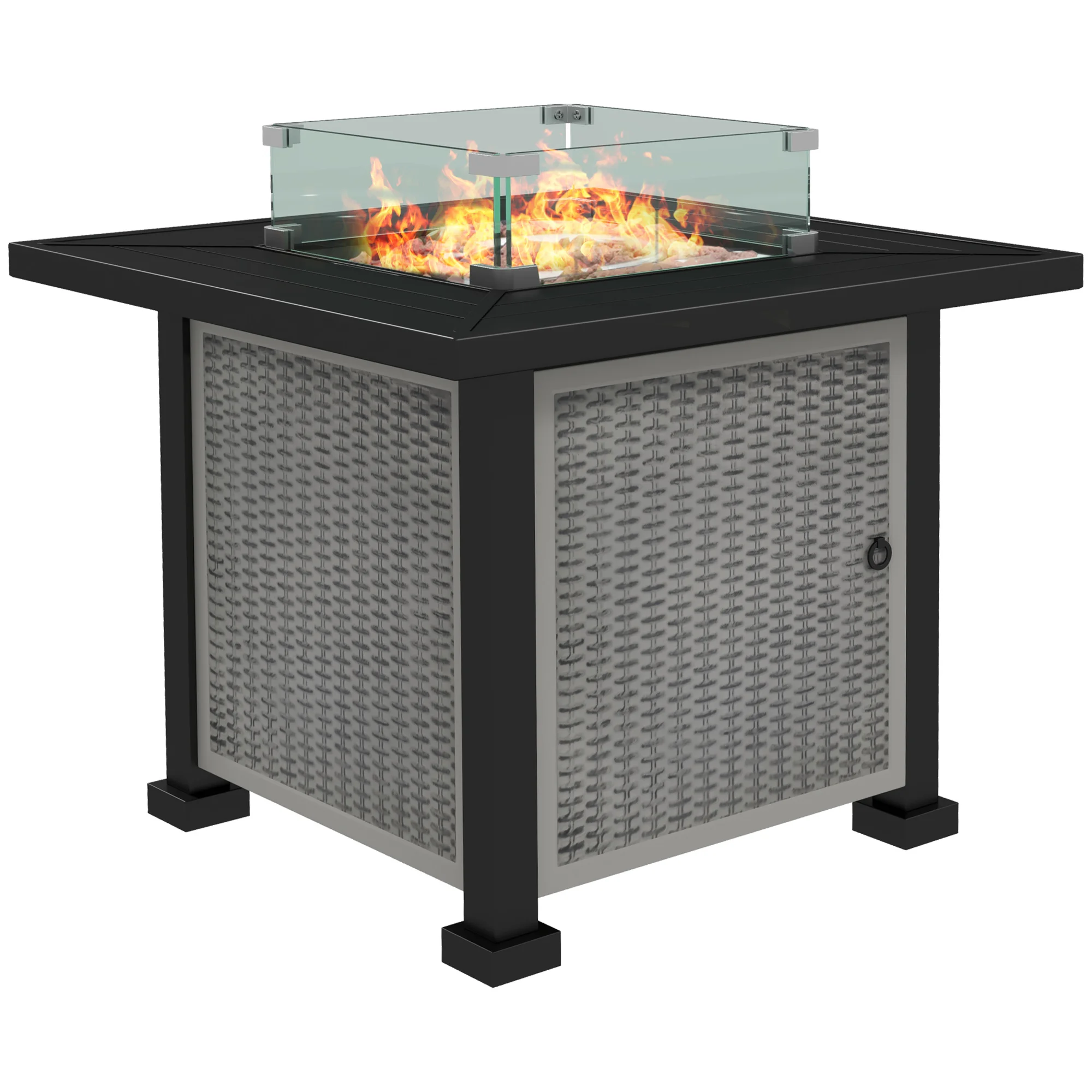 Outsunny Square Propane Gas Fire Pit Table, 50000 Btu Rattan Smokeless Firepit Patio Heater With Glass Screen, Grey