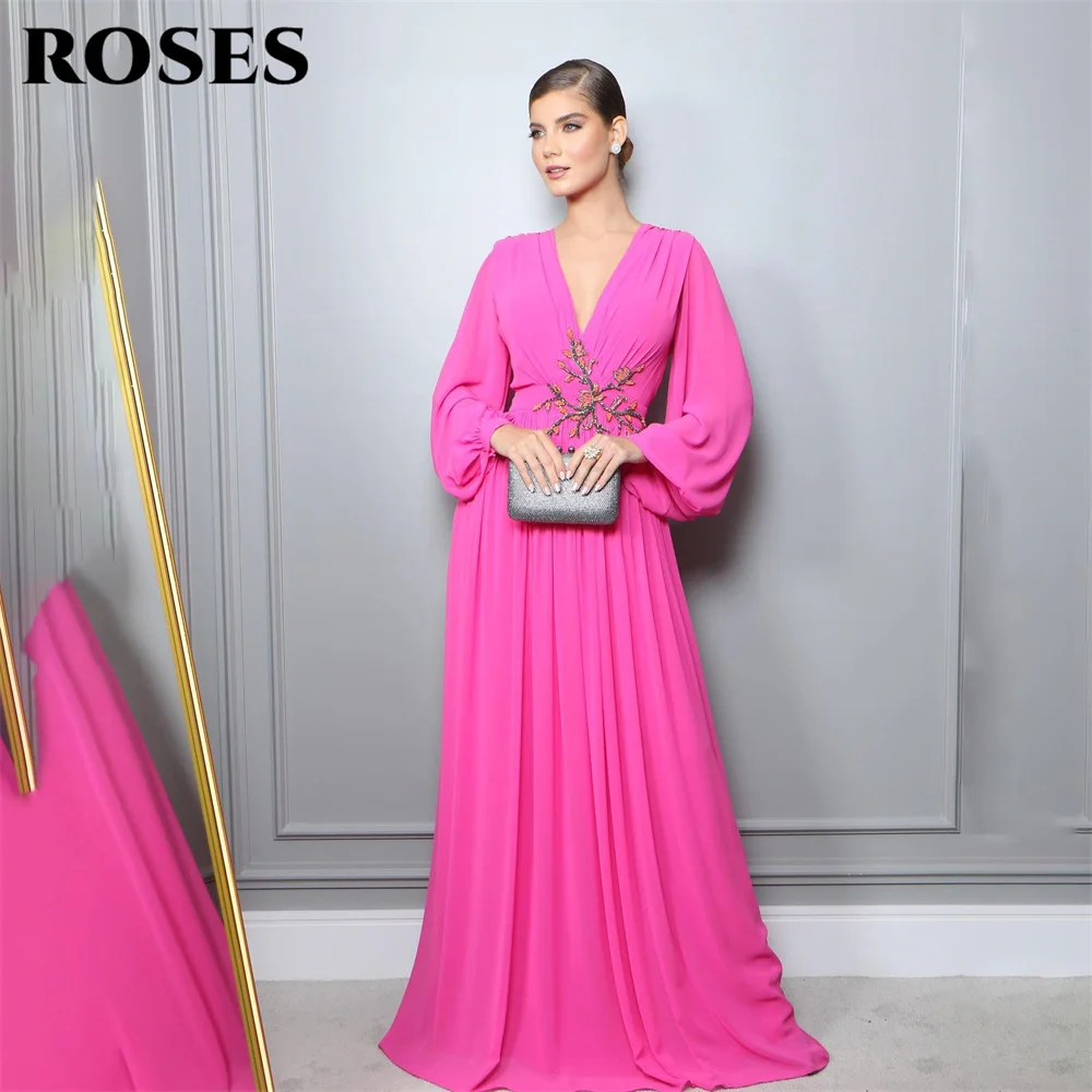 

ROSES Fuchsia Chiffion Evening Gown V Neck Elegant Prom Dress Gown Pleat Embroidery Wedding Evening Dress With Long Sleeves