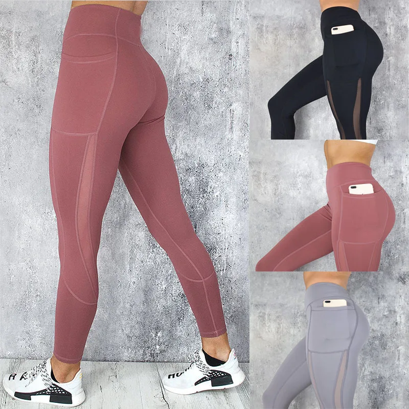 Mesh Spliced Leggings Women Seamless Tights with Pocket Pants High Waist Hip Lift Gym Trainning Running Elastic Slim Yoga Pants