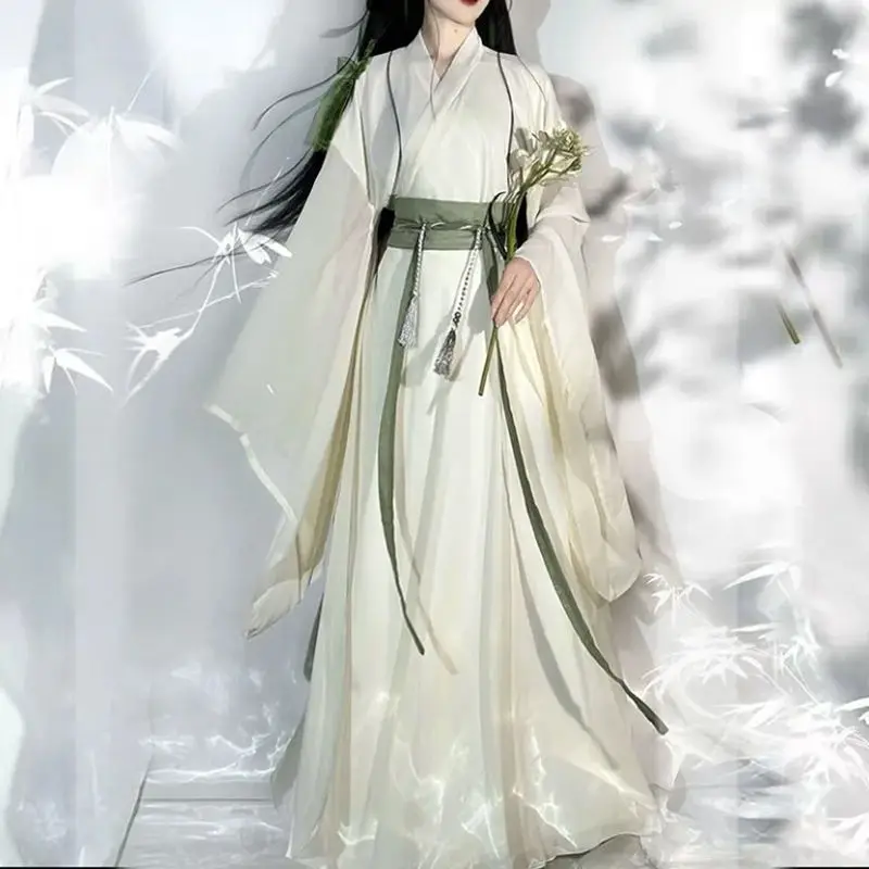

‌Wei Jin Dynasty Green Hanfu Women's Clothing Set - Women's Cross Collar Wide Sleeve Chinese Drama Costume