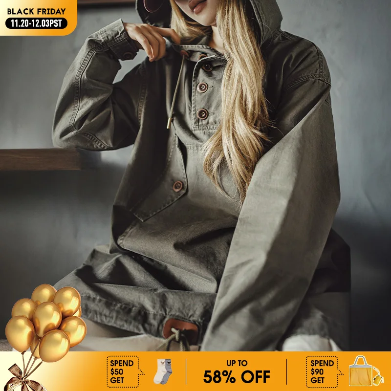 

Maden Женское хлопковое пальто-худи миди с капюшоном, повседневная куртка M-43, японский стиль, тренч с длинным рукавом, полупуговицы, свободный крой, осенняя и зимняя верхняя одежда