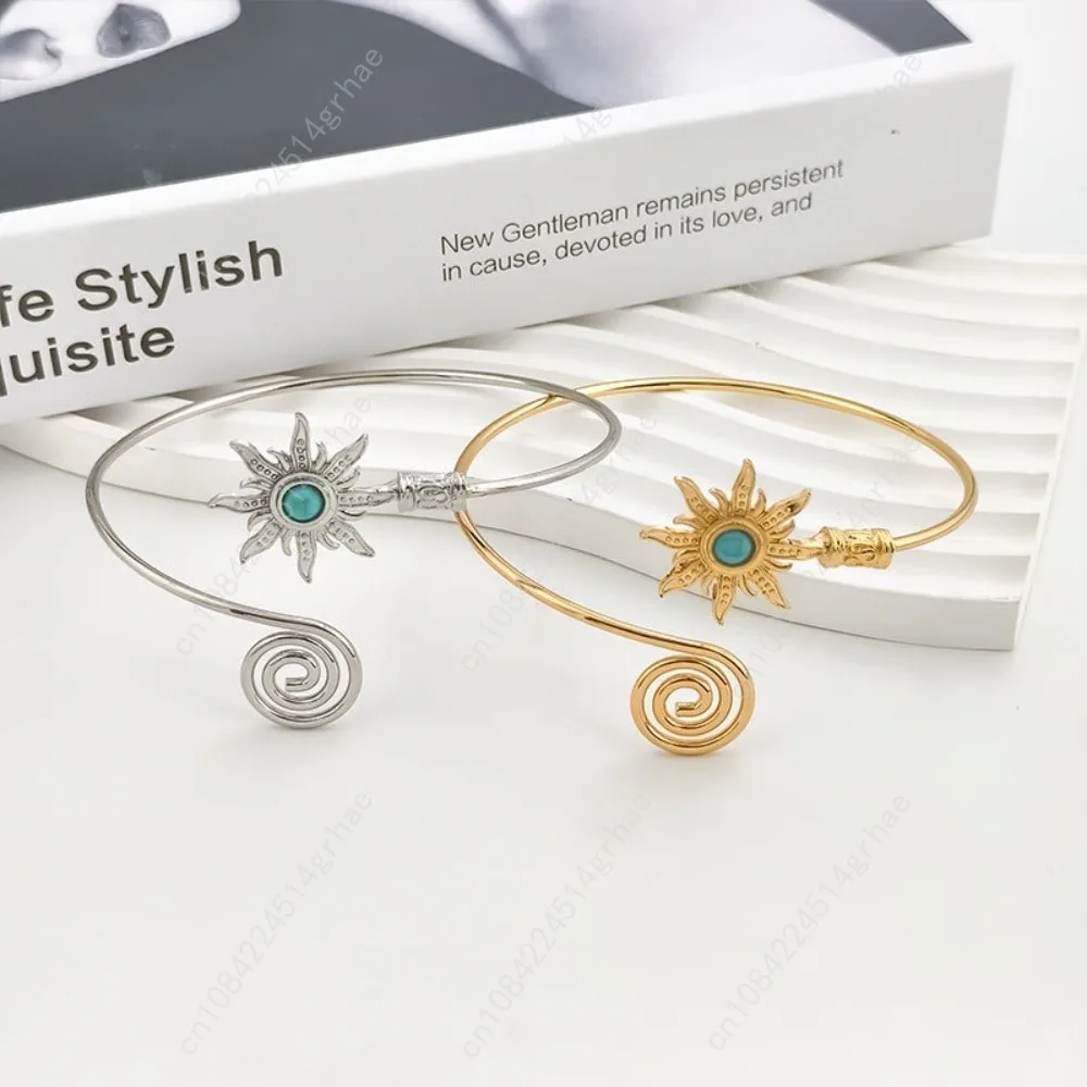 بسيطة سبيكة الذراع الكفة الشمس الفيروز الكفة الإسورة للنساء المعصم التبعي تويست خط واسعة مفتوحة الذراع الكفة النساء #3