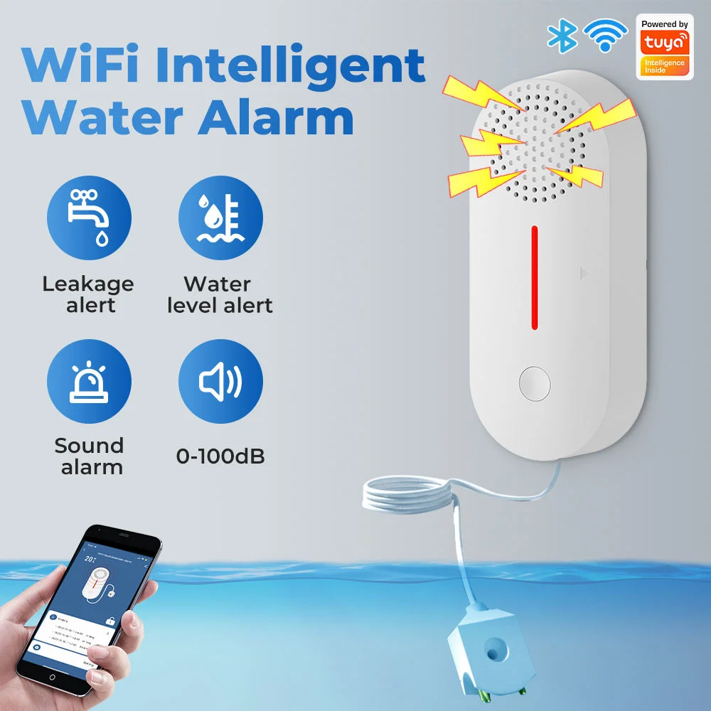 Tuya Home Security Smart WiFi Water Alarm Sensor Tank Low Level Monitoring Water Leak Detector Wifi Have 80CM Cable 100dB Sound