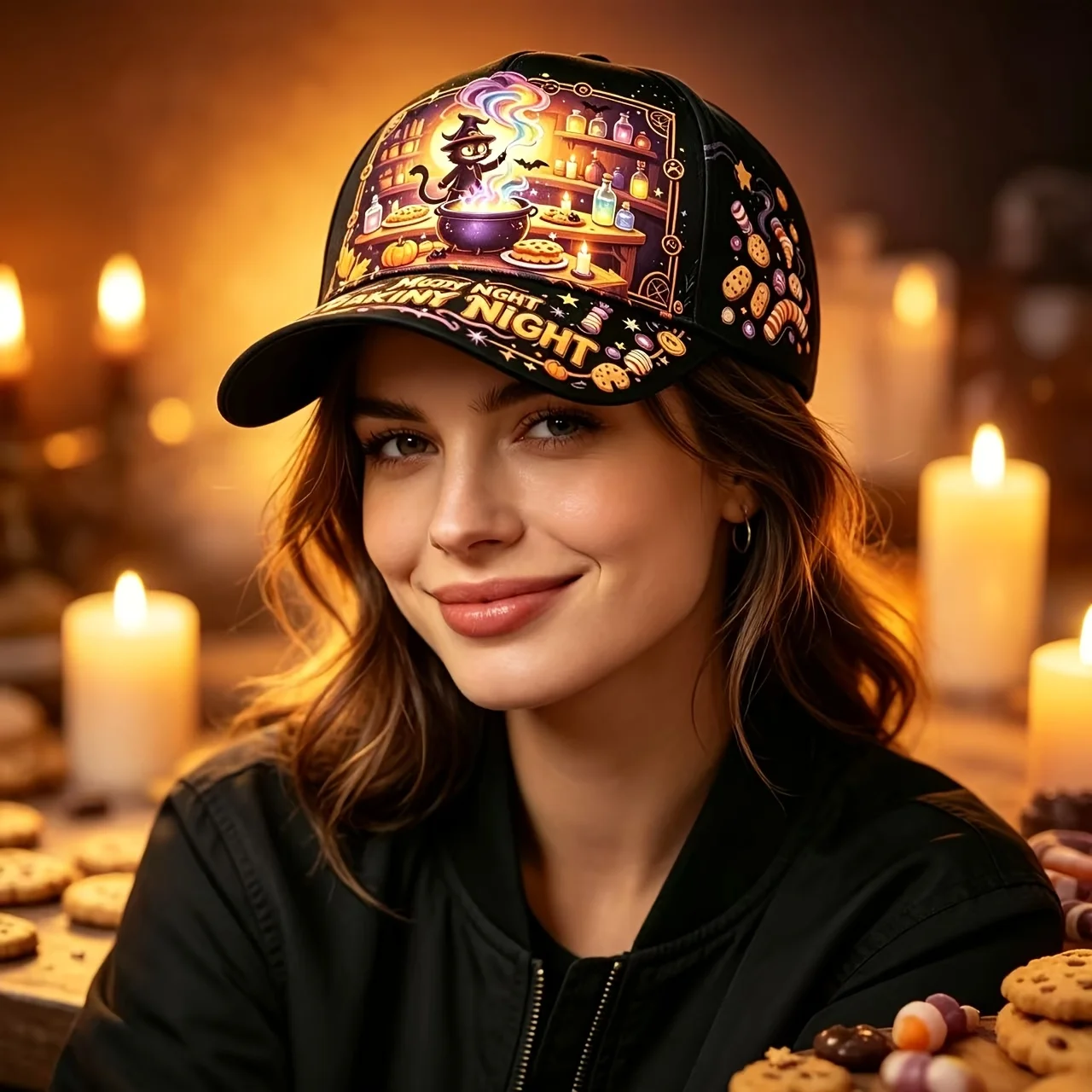 Custom For Halloween Witch Black Cat Brewing Potion Baseball Cap, Magic Cauldron Pumpkin Cookie Candy Bat Print Dad Hat, Moonlit