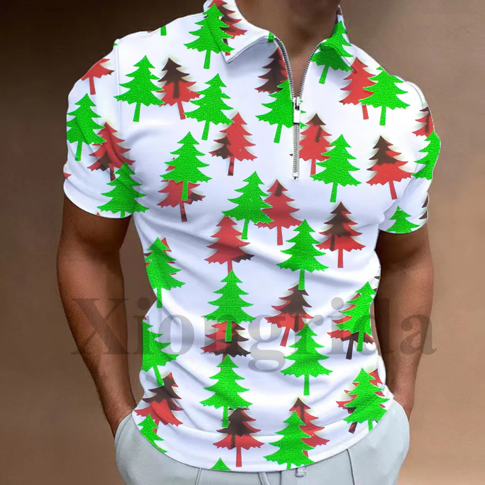 Christmas Pattern 3D Printed Polo Shirts Mens Casual Holiday Xmas Trees Snowman Pattern Print Short Sleeve Zip Lapel Polo Shirts