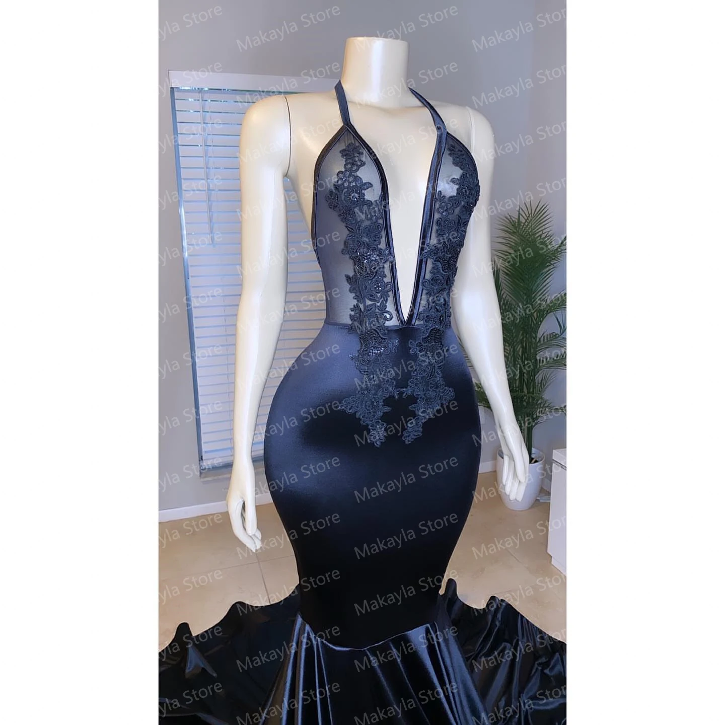 Vestido de fiesta de sirena sin mangas para mujer, traje sencillo y elegante con cuello de pico profundo, apliques de encaje, talla grande, hecho a medida