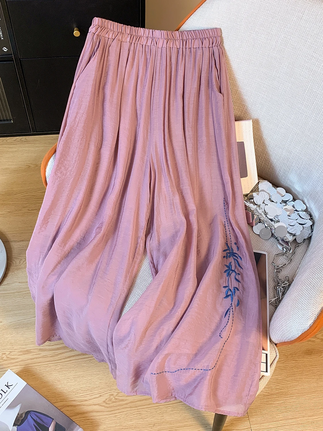 

Ретро-юбка-брюки женские летние с двойным слоем, вышивкой, широкими штанинами, эластичным поясом, драпировкой, прямые, повседневные, из хлопка и льна, длиной 7/8