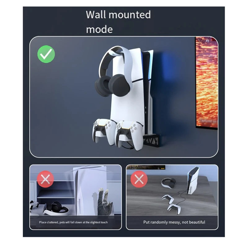 JABS Wall Mount Bracket Console Stand For PS5 Slim, Playstation 5 Controller Charging Dock Station Vertical Stand