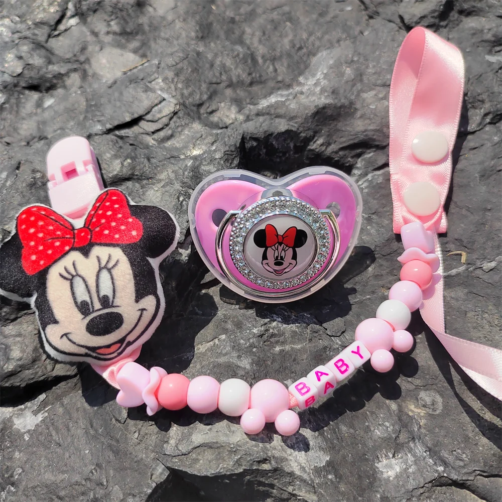 2023 Hot Pink Minnie Mouse Plush Pacifier Toddler Girl Babi Animal Cartoon Cute Beaded Pacifier Clip with Personalized Name Gift