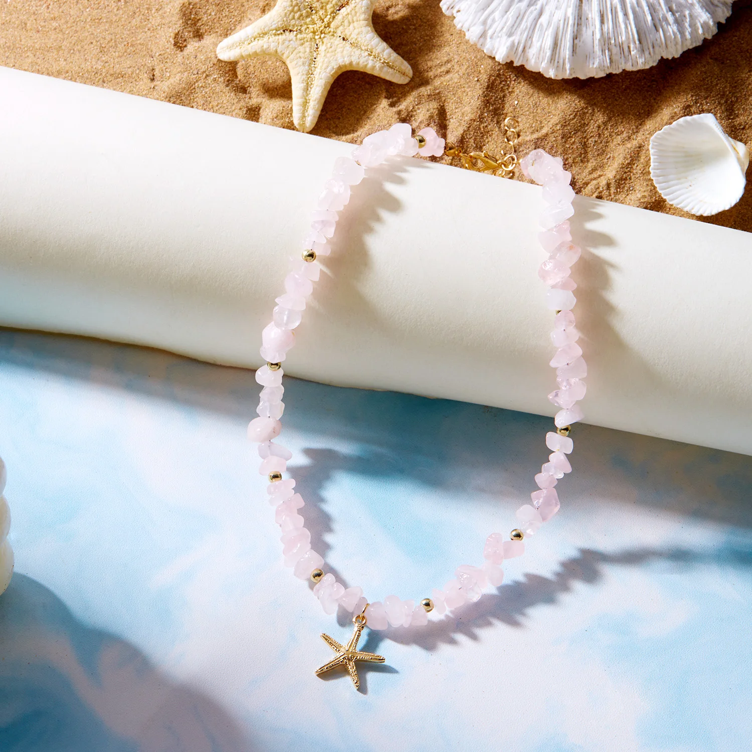 Unregelmäßige bunte Naturstein-Perlen-Halskette für Frauen, handgefertigt, böhmischer Seestern, Schlüsselbeinkette, Strandparty, Charm-Schmuck – Detail 9
