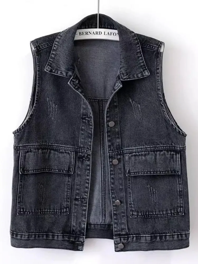 

Black Denim Vest Women's Thin Retro Korean Style Spring Autumn Casual plus Size Short Sleeveless Fashion Outerwear