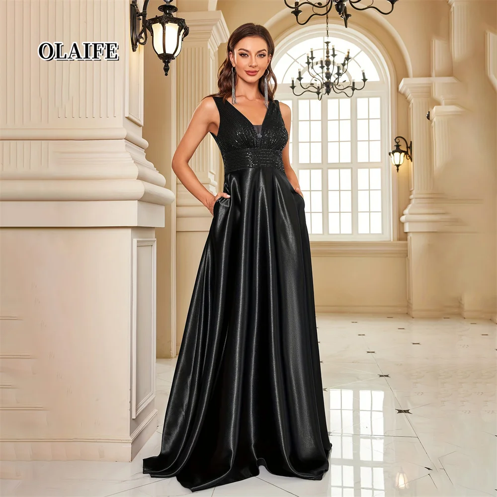 Abito da damigella d'onore senza maniche con paillettes Abito elegante con scollo a V lungo fino al pavimento per la festa nuziale Abbigliamento da donna Abito da sera da sposa
