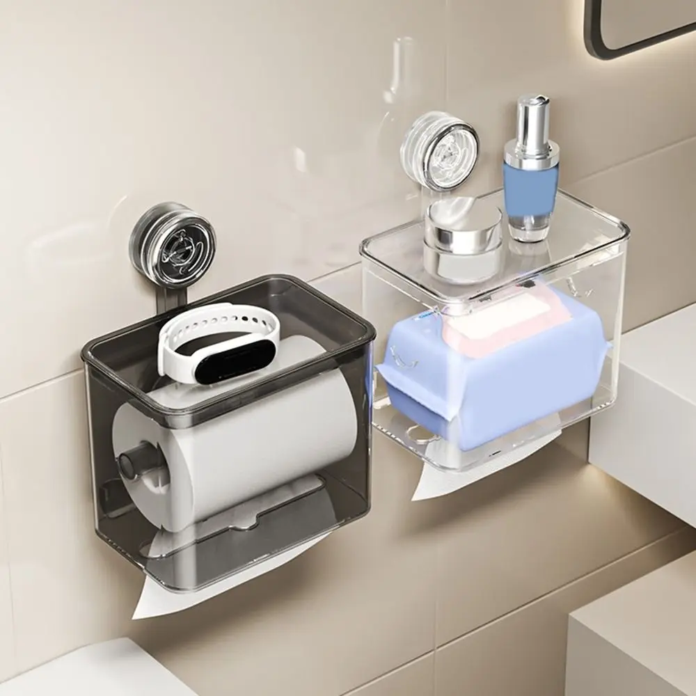 

Plastic Suction Cup Tissue Box Transparent Large Capacity Toilet Paper Case Dustproof Waterproof Tissue Storage Box for Home