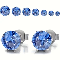 6pairs Hypoallergenic Fashion Stainless Steel Blue Cubic Zirconia Stud Earrings for Men Women Daily Wear Ear Jewelry 3-8mm