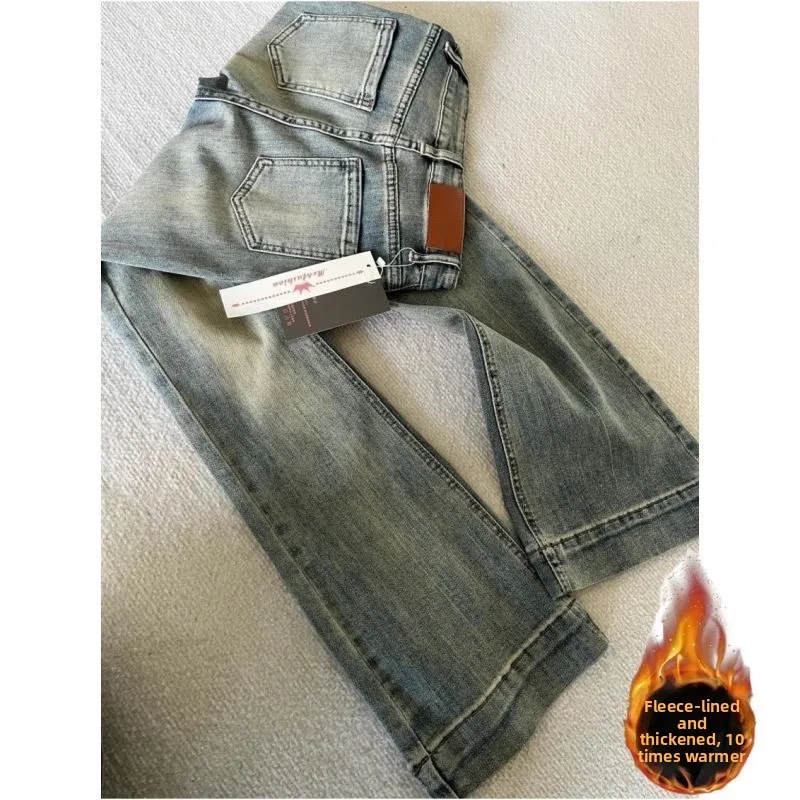 

Расклешенные джинсы с высокой талией в стиле ретро, женские эластичные утягивающие теплые брюки до щиколотки, хлопковая эластичная джинсовая повседневная одежда