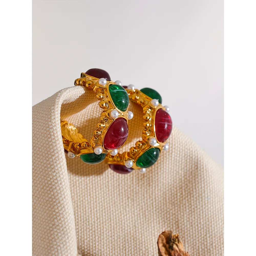 Yhpup Stainless Steel C-Shaped French Charm Earrings Jewelry Vintage Red Green Resin Stone Imitation Pearls Gold Color Bijoux