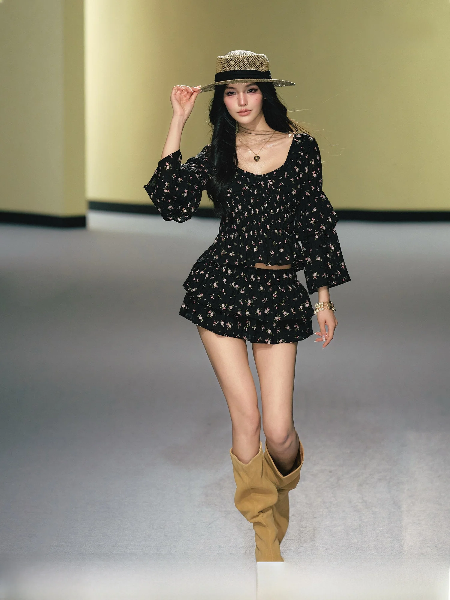 

AGAM Vintage Style Floral Print Double Layer Sleeve Blouse And Half Skirt Set Summer Holiday Fashion Women's Two-Piece Suit